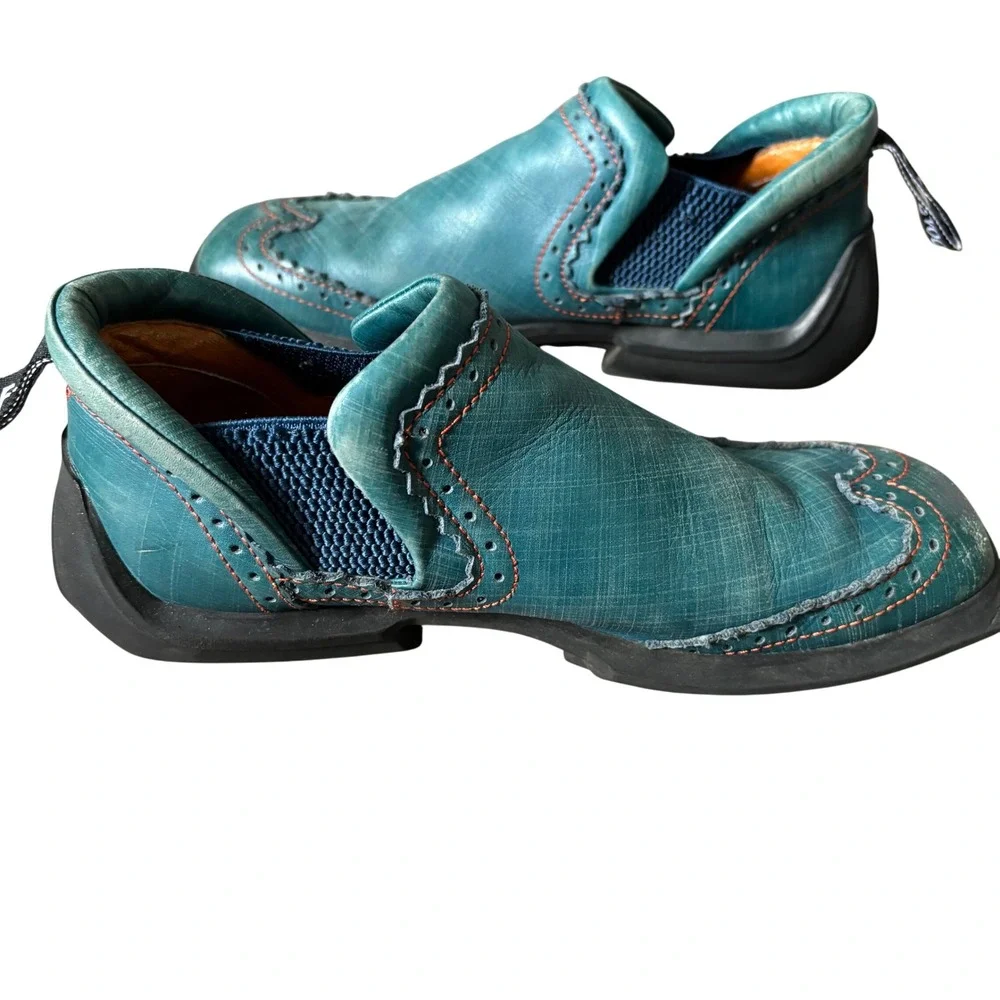 John Fluevog Future Angel Slip-on Wingtip Brogue Shoes Sz 7 Teal Leather